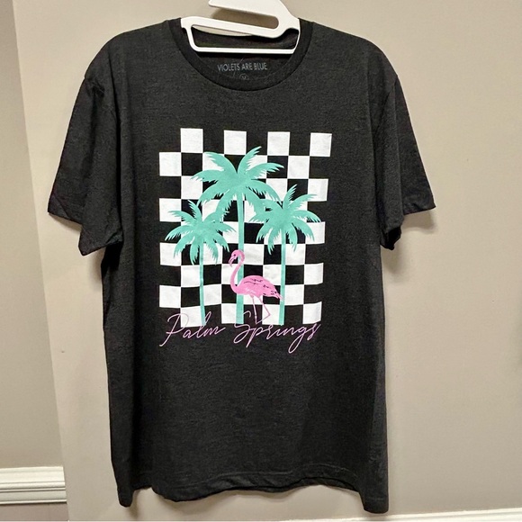 Violets Are Blue Sz M Palm Springs T Shirt Pink Flamingo NWT Gray White & Green - Picture 1 of 3